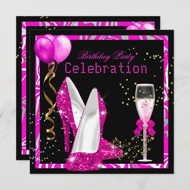 Hot Pink Gold Glitter Zebra Black Birthday Party Invitation (Front/Back)
