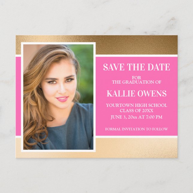 Hot Pink Gold Graduation Save the Date Photo Announcement Postcard (Front)