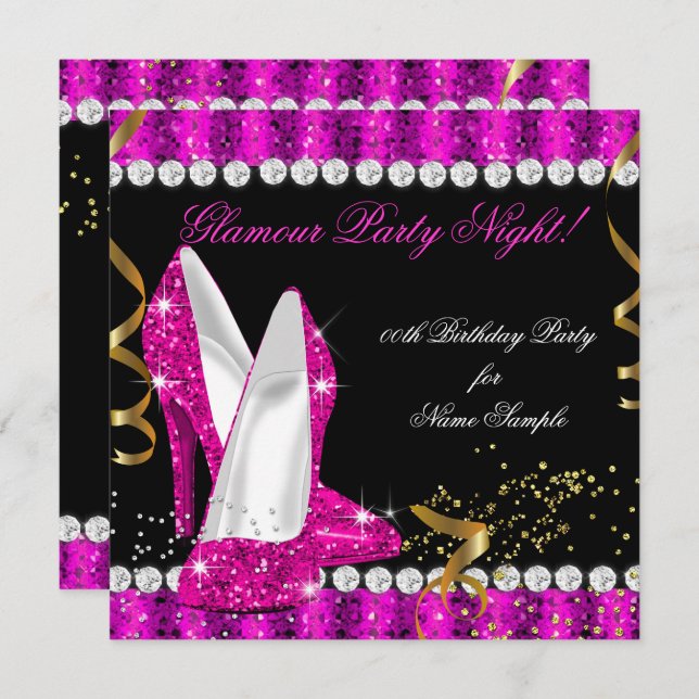 Hot Pink Gold Heels Glitter Glamour Party Night Invitation (Front/Back)