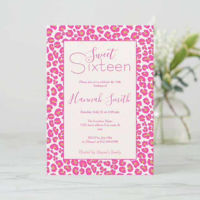 Hot Pink Gold Leopard Pattern Invitation (Standing Front)