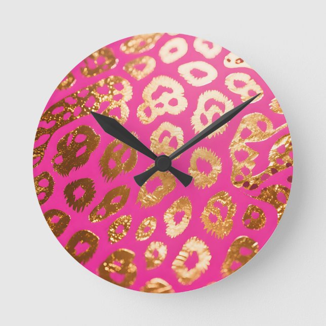 Hot Pink Gold Leopard Print Glam Round Clock (Front)