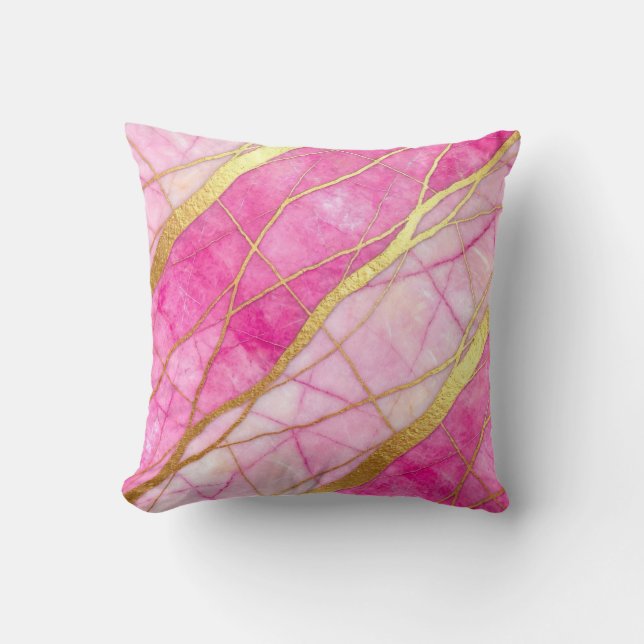 Hot Pink + Gold Modern Luxury Marble Throw Pillow (Front)