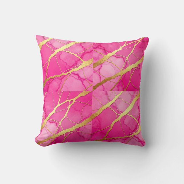 Hot Pink + Gold Modern Luxury Marble Throw Pillow (Front)