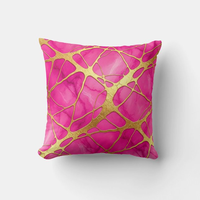 Hot Pink + Gold Modern Luxury Marble Throw Pillow (Front)