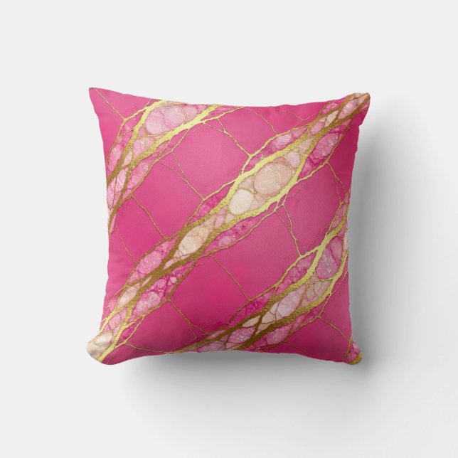 Hot Pink + Gold Modern Luxury Marble Throw Pillow (Front)