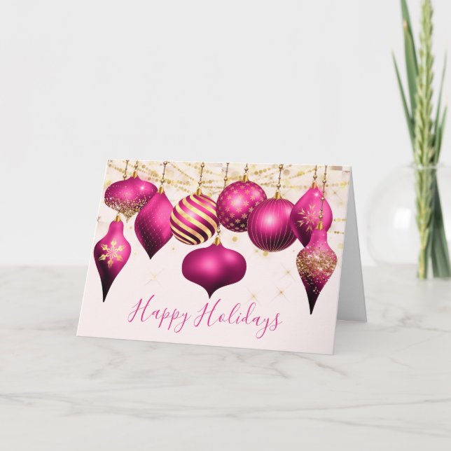 Hot Pink Gold Ornaments Christmas Photo Holiday Card (Front)