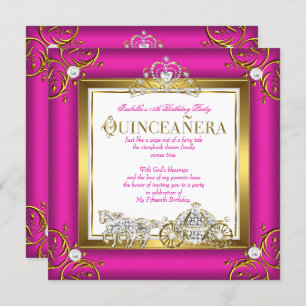 Hot Pink Gold Princess Quinceanera 15th Birthday Invitation