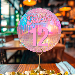Hot Pink Gold Retro Disco Ball Round Table Number
