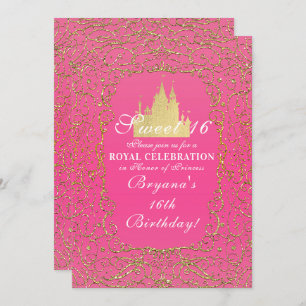 Hot Pink & Gold Royal Castle Princess Sweet 16 Invitation