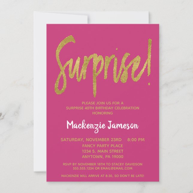 Hot Pink Gold Script Surprise Party Invitation (Front)