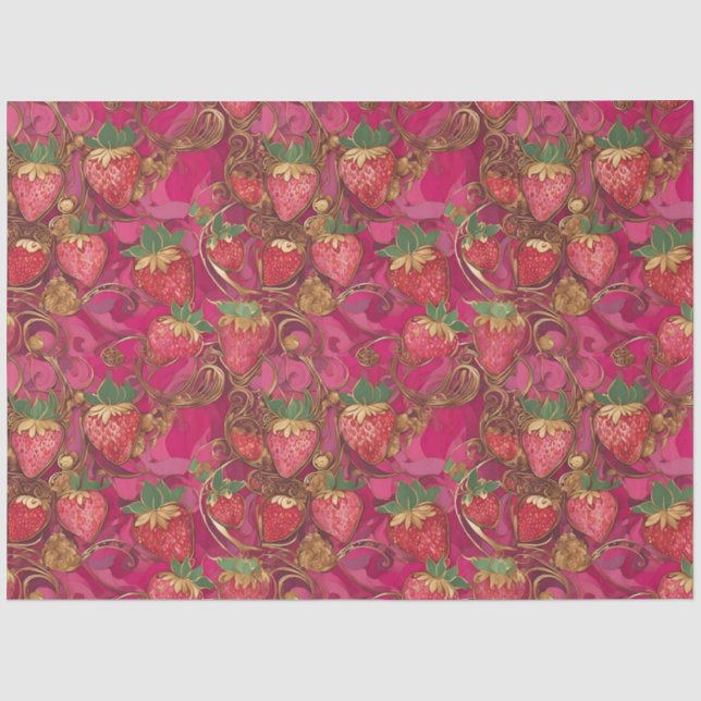 Hot Pink Gold Strawberry Vine Pattern Tissue Paper (Front)