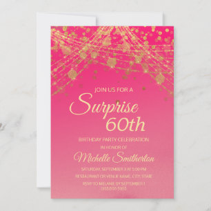 Hot Pink Gold String Lights Surprise 60th Birthday Invitation