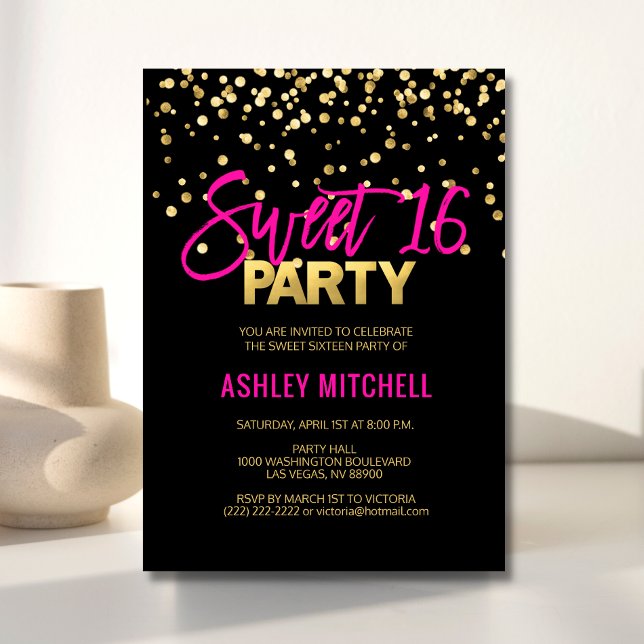 HOT Pink Gold SWEET SIXTEEN 16 Party Invitations (Creator Uploaded)