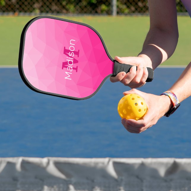Hot pink Gradient Geometric Mesh Pattern Monogram Pickleball Paddle (Insitu)
