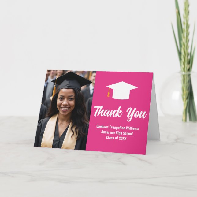 Hot Pink Graduate Photo Cute Folded Graduation Thank You Card (Front)