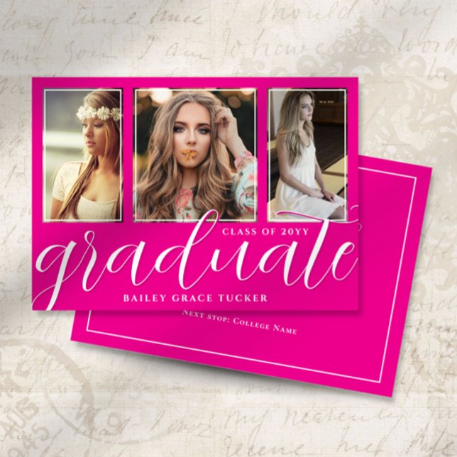 Hot Pink Graduate Script 3-Photo Graduation Announcement (Creator Uploaded)