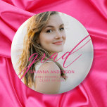 Hot Pink Graduate Simple Script Minimalist Photo 6 Cm Round Badge<br><div class="desc">Elevate your graduation celebration with our Graduate Simple Modern Script Minimalist Photo button. This sleek and stylish accessory combines modern script typography with minimalist design elements for a sophisticated touch. Featuring your graduation photo as the focal point, this button captures the essence of your achievement while adding a personal touch...</div>