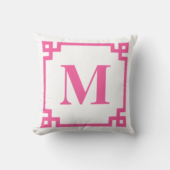 Hot Pink Greek Key Border Monogram Cushion (Front)