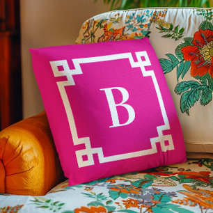 Hot Pink Greek Key Border Monogram Cushion