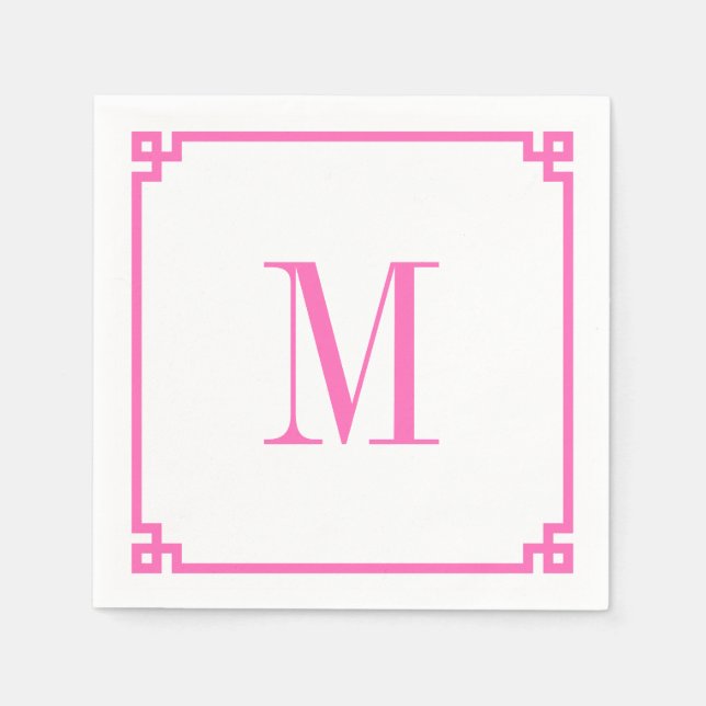 Hot Pink Greek Key Border Monogram Napkin (Front)