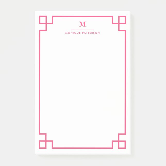 Hot Pink Greek Key Border Monogram Personalised Post-it Notes (Front)