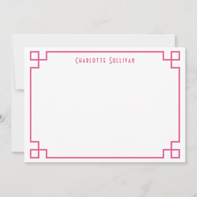 Hot Pink Greek Key Border Personalised Stationery Card (Front)