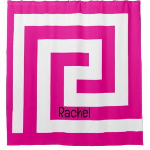 Hot Pink Greek Key Monogram Name Colourful Girly Shower Curtain