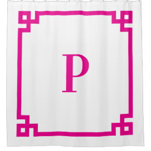 Hot Pink Greek Key Simple Monogram Shower Curtain