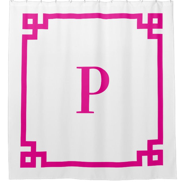 Hot Pink Greek Key Simple Monogram Shower Curtain (Front)