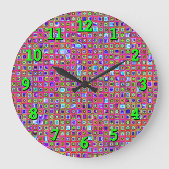 Hot Pink, Green And Purple Funky Tiles Pattern Large Clock (Front)