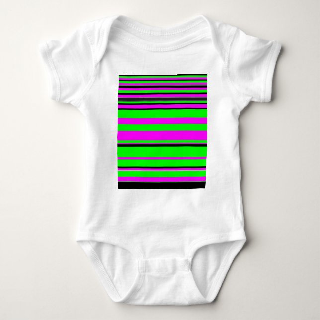 Hot Pink Green Black Colourful Stripe Pattern Baby Bodysuit (Front)