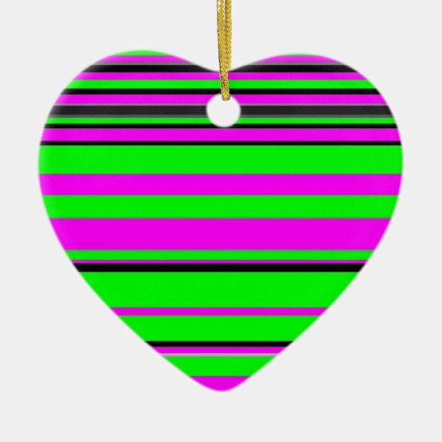 Hot Pink Green Black Colourful Stripe Pattern Ceramic Tree Decoration (Front)