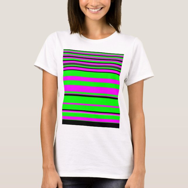 Hot Pink Green Black Colourful Stripe Pattern T-Shirt (Front)