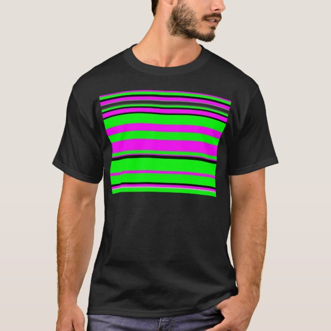 Hot Pink Green Black Colourful Stripe Pattern T-Shirt (Front)