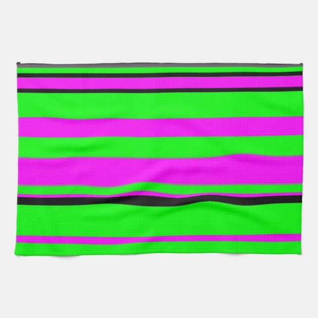 Hot Pink Green Black Colourful Stripe Pattern Tea Towel (Horizontal)