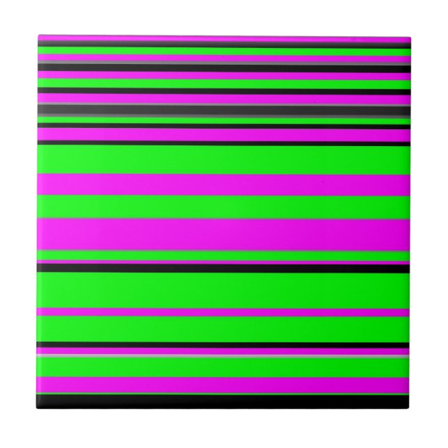 Hot Pink Green Black Colourful Stripe Pattern Tile (Front)
