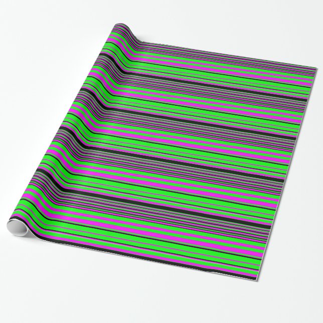 Hot Pink Green Black Colourful Stripe Pattern Wrapping Paper (Unrolled)