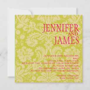 Hot Pink Green Cream Damask Wedding Invitation