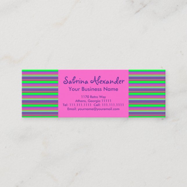 Hot Pink, Green & Purple Girls Fun Retro Stripes Mini Business Card (Front)
