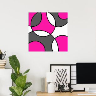Hot Pink Grey Black White Abstract Circles Poster