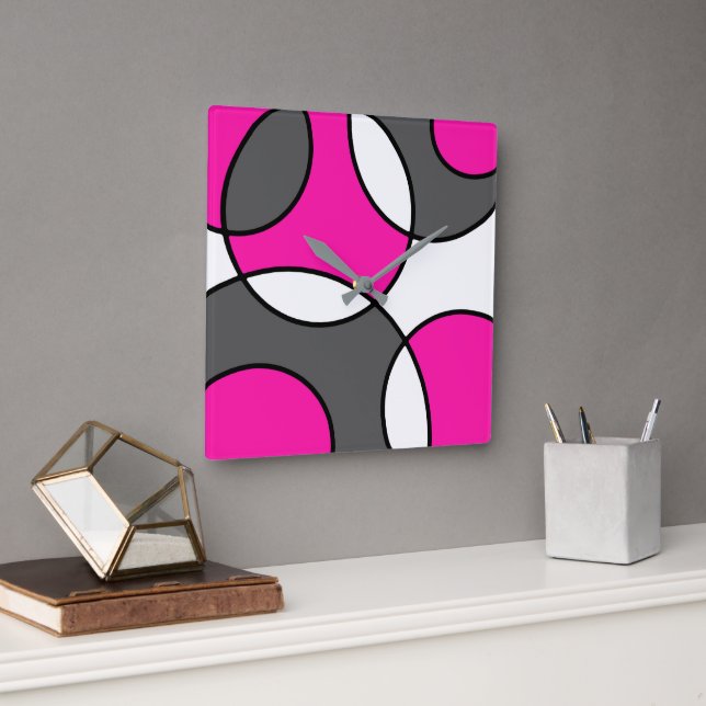 Hot Pink Grey Black White Abstract Circles   Square Wall Clock (Office)