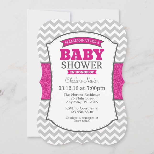 Hot Pink Grey Chevron Baby Shower Invitation (Front)