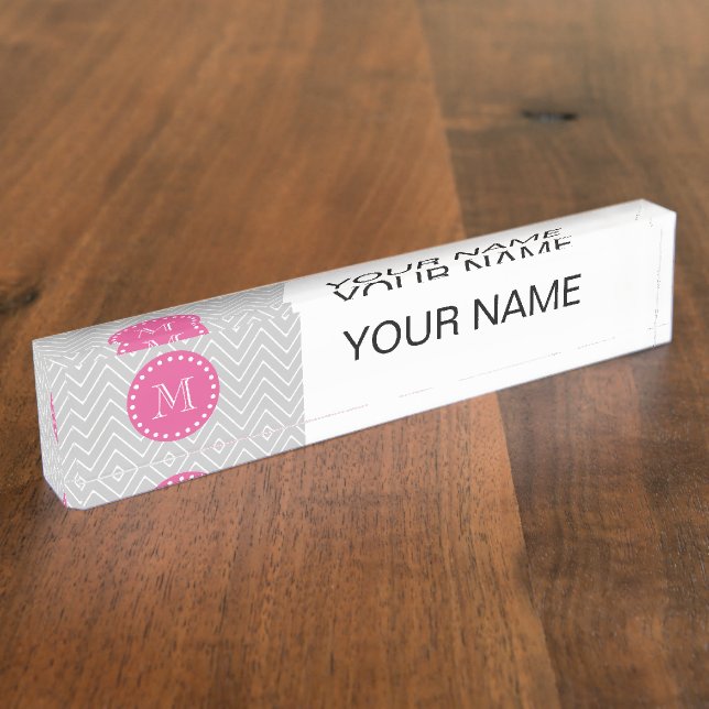 Hot Pink, Grey Chevron | Your Monogram Nameplate (Side)
