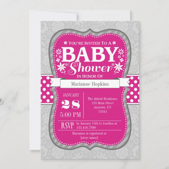 Hot Pink Grey Floral Flower Baby Shower Invitation (Front)