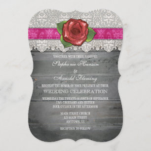 Hot Pink Grey Rustic Wood Rose Wedding Invite