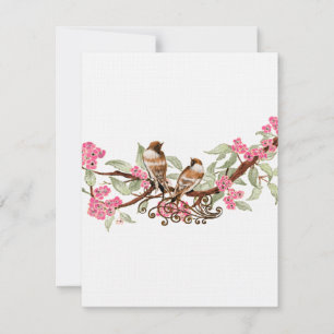 Hot Pink & Grey Vintage Birds Wedding RSVP Card