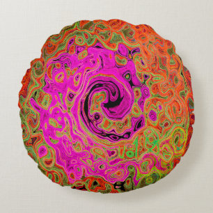 Hot Pink Groovy Abstract Retro Liquid Swirl Round Cushion