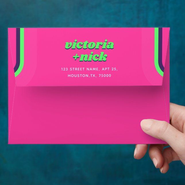 Hot Pink Groovy Retro | Lime Green Rainbow Wedding Envelope (Hand)