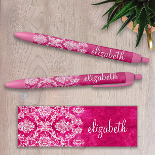 Hot Pink Grunge Damask Pattern Custom Monogram Black Ink Pen
