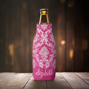 Hot Pink Grunge Damask Pattern Custom Monogram Bottle Cooler